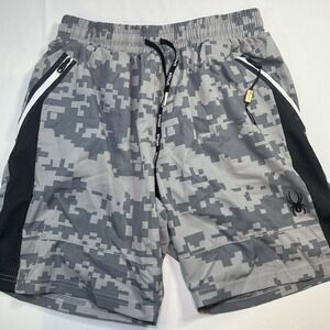 Mens Size Medium Spyder Active Gym Shorts Gray Camo (Digital)  Zipper Pockets‎